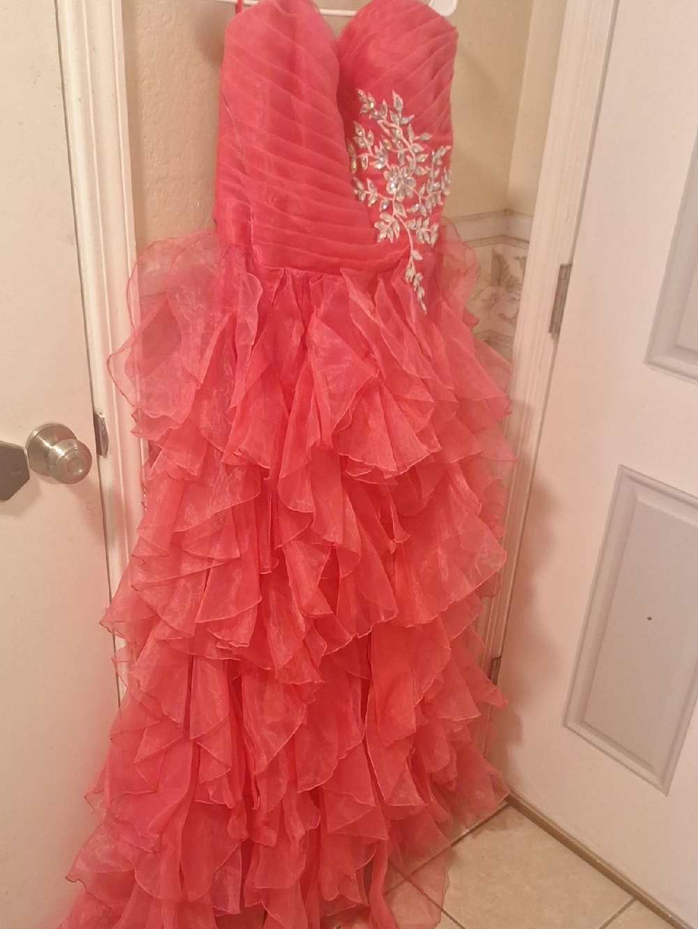 Grace Karin Coral Pink Ruffled Prom Gown with Silver Appliqué